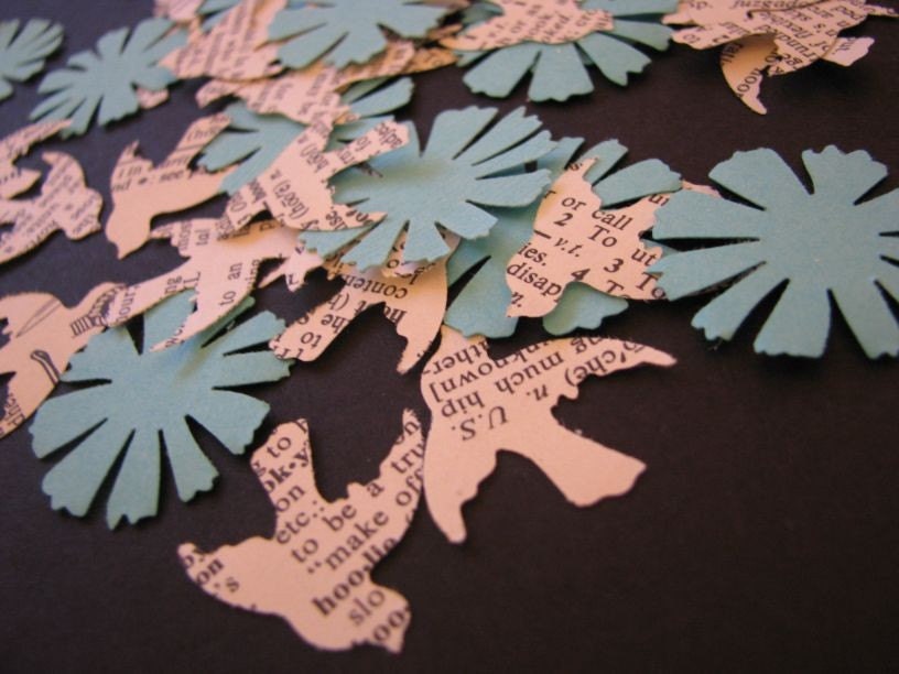 bright and happy mix - vintage dictionary bird cutouts and fresh aqua flower cutouts