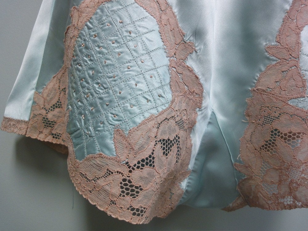 Antique 1930s Lace Bra, Tap Pant Set, Silk Satin, Knickers, Sky Blue, Rose Beige Lace, Bias Cut, Beautiful