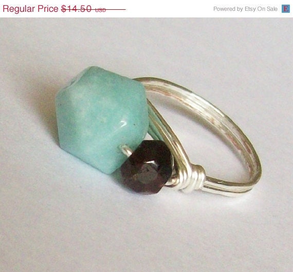 Wire Wrapped Ring - Amazonite - Garnet - Custom Sizes - Custom Artisan Jewelry