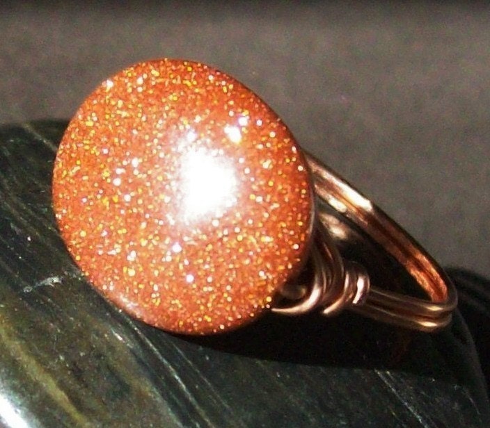 Sparkling Goldstone - Wire Wrapped Ring - Coated Copper - Custom Sizes