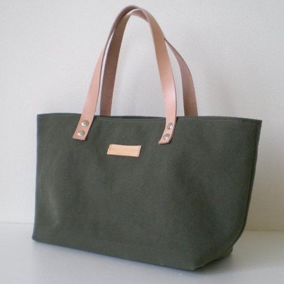 SALE- Mini canvas tote bag with leather straps in Dark Green - flower