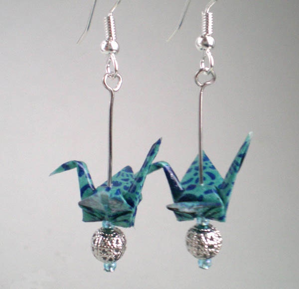 Japanese Origami Crane Earrings, Turquoise blue