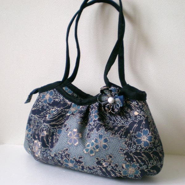 Zippered Japanese kimono Mini granny bag, Cherry blossom in dark blue