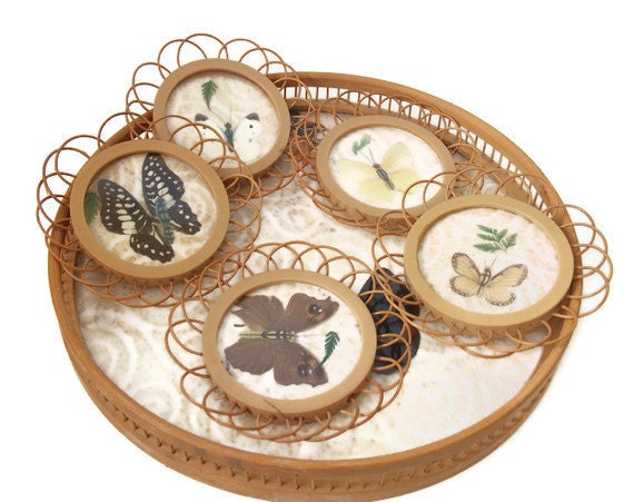 Vintage Bamboo Serving Tray with coasters - Butterflies - Vintage Tray