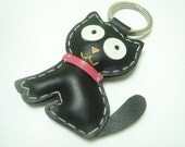 Leather Charm - MoMo the Cat Leather Keychain ( Black )