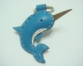 Leather Keychain -  Aaron the Narwhal leather charm ( Blue )