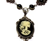 Steampunk Goth Jewelry - Necklace - Ivory on Black Skeleton Lady portrait Cameo