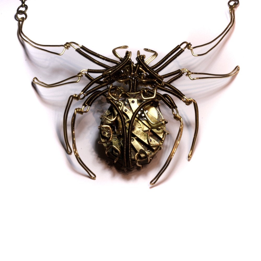 Steampunk - Necklace and Sculpture - SPIDER - Brass wire with vintage watch parts - OOAK