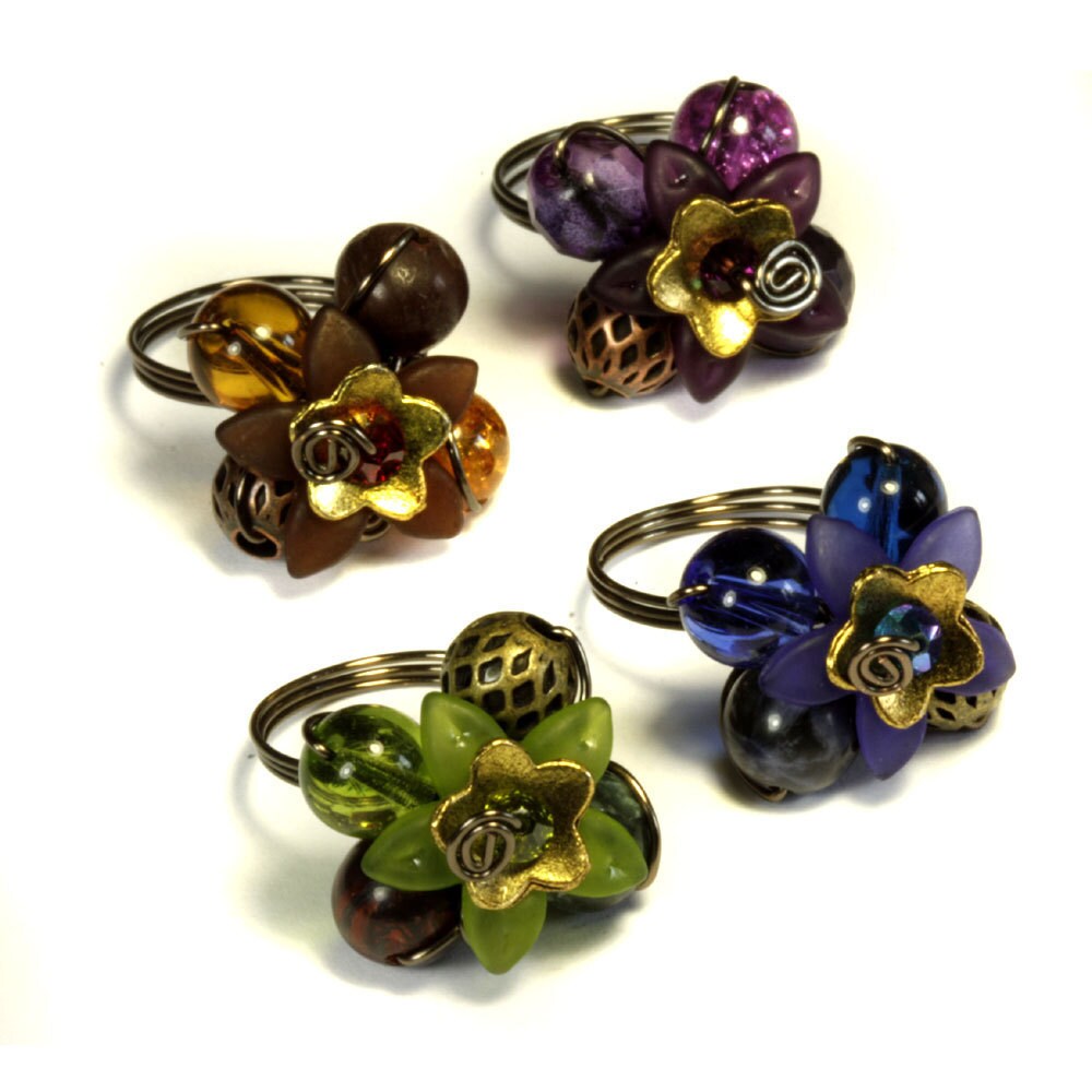 4 Flower rings bundle - Blue Brown Purple and Green