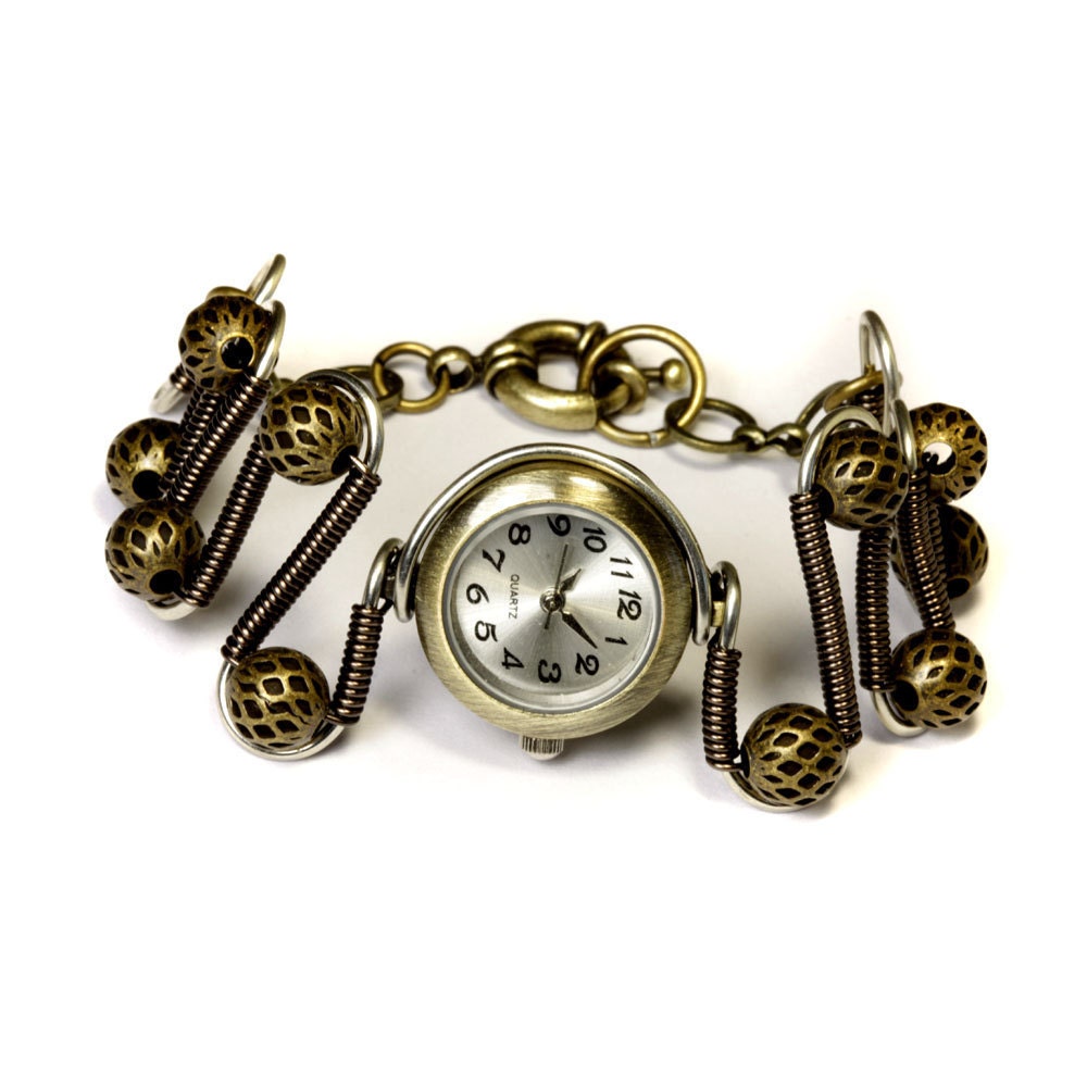 Steampunk Jewelry - Mixed metal tones - Working watch bracelet