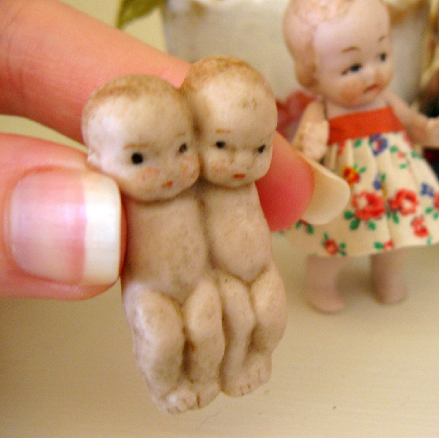 German Bisque Tiny Twin Babies Necklace