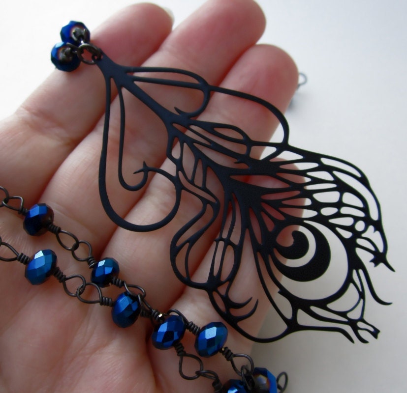 Black Peacock Feather necklace - metallic peacock blue glass rondelle beads - gunmetal beaded chain