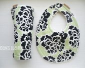 Black Butterfly Floral Damask on Soft Green - Bib and Burp Set with Chenille and Pearl Snap - Or Choose Your Own Fabric
