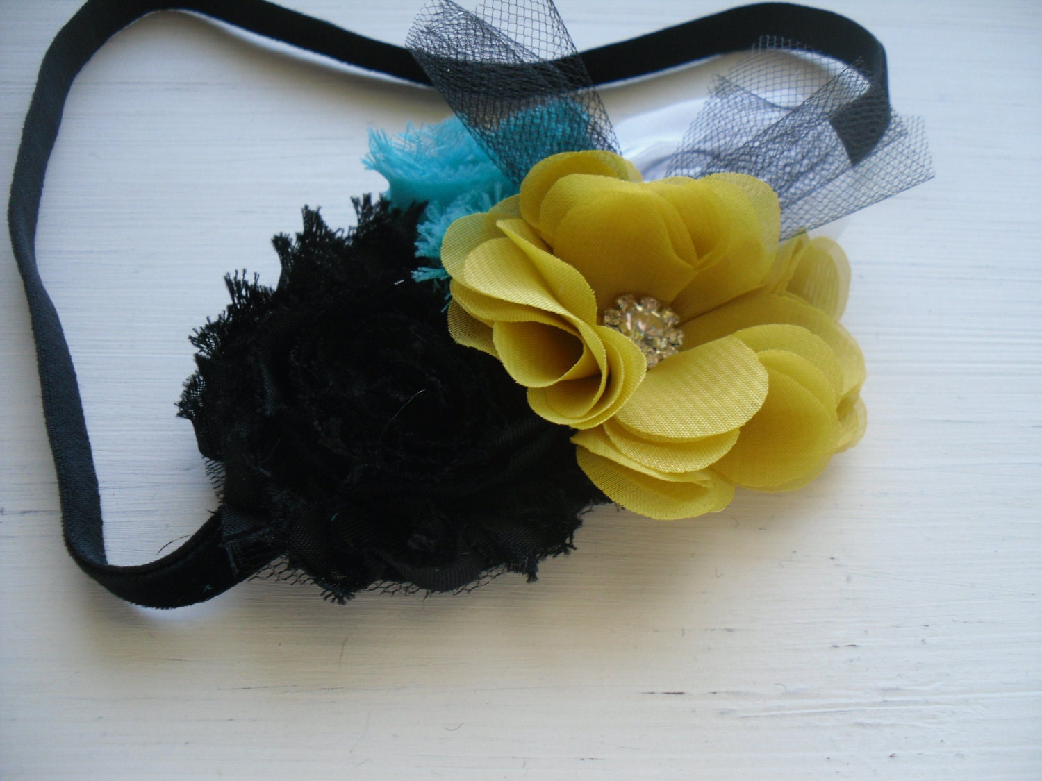 Magical Tuscan Nights - Mustard Yellow Turquoise Black White Shabby Chic Rosettes Tulle - Baby Infant Newborn Girls Adults Headband