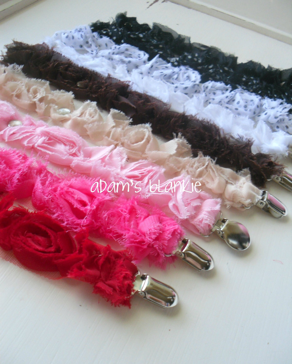 Two High End Couture Pacifier Binkie Clips - Set of Two - You Choose Clips - Baby Girl - Shabby Chic Rosettes