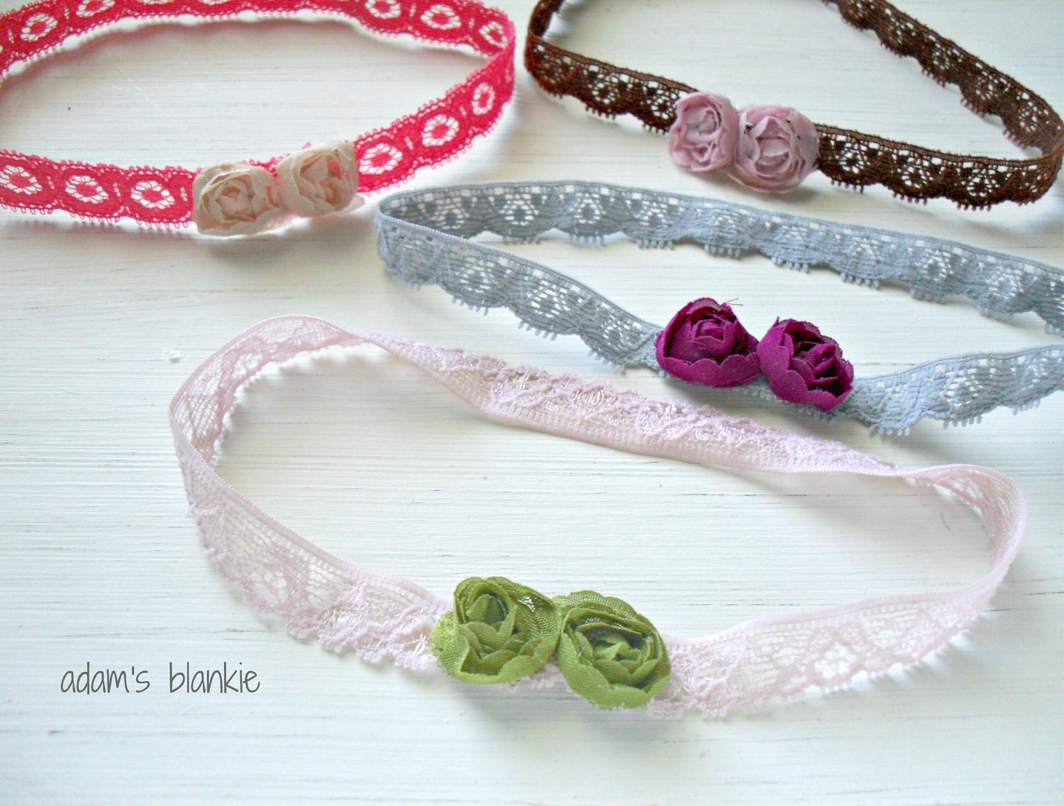 Sweet Petite Duets - Twin Rosette Flowers - YOU CHOOSE TWO - Lace Headband -  Newborn Infant Baby Girls Adults