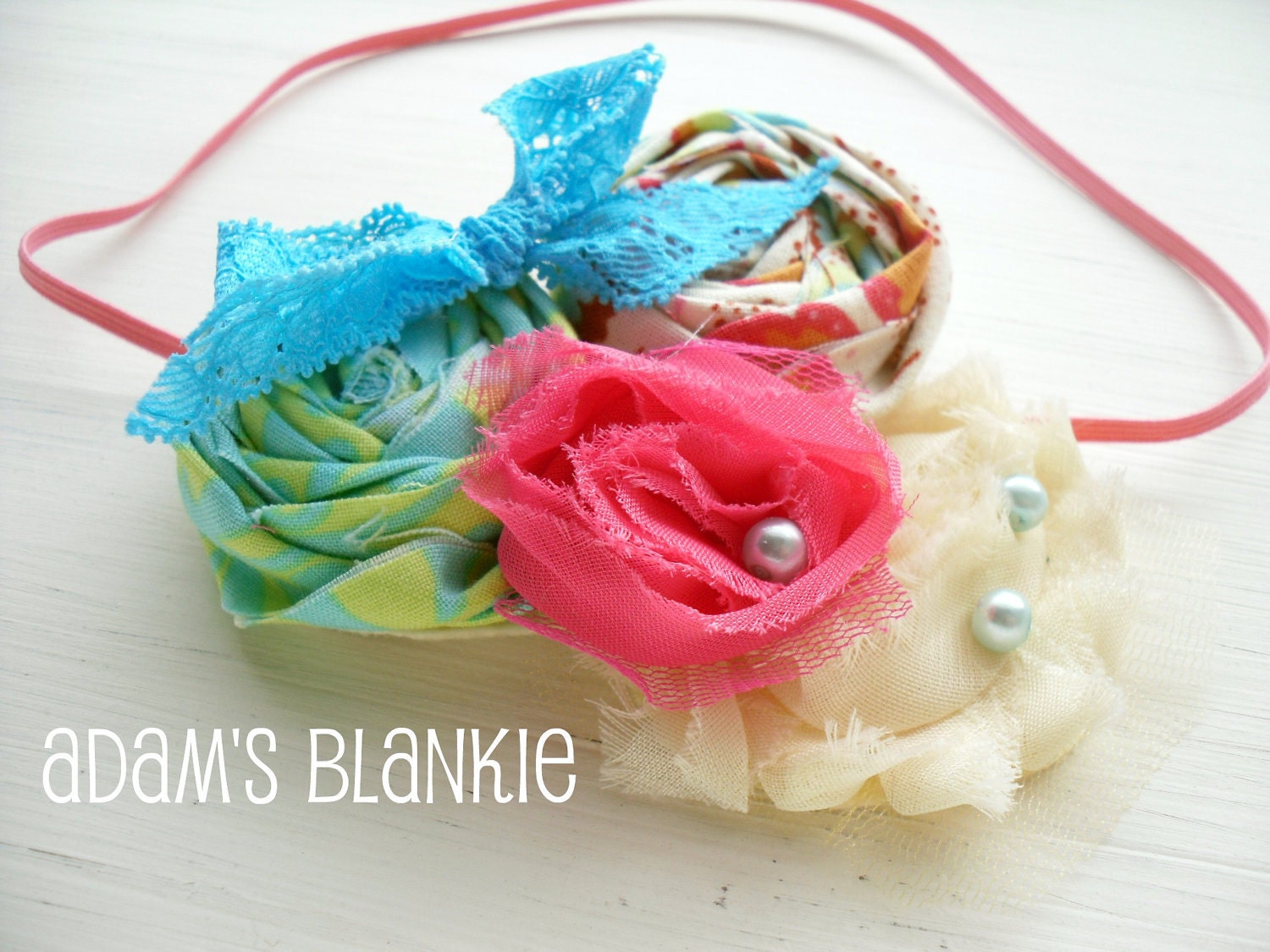 Girls Just Wanna Have Fun - Pink Turquoise Cream Shabby Rosettes Tulle Pearls - Baby Infant Newborn Girls Adults
