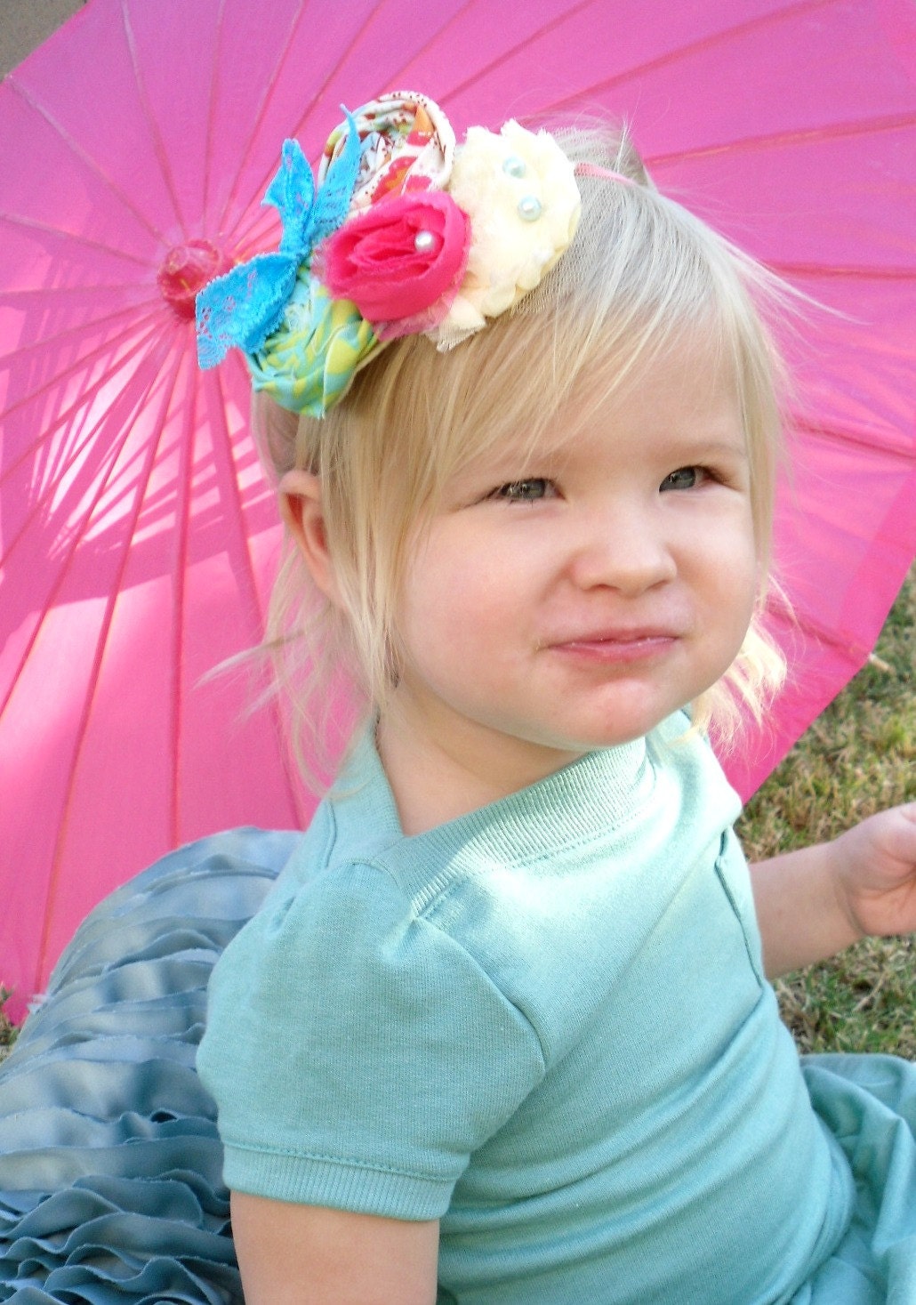 Girls Just Wanna Have Fun - Pink Turquoise Cream Shabby Rosettes Tulle Pearls - Baby Infant Newborn Girls Adults