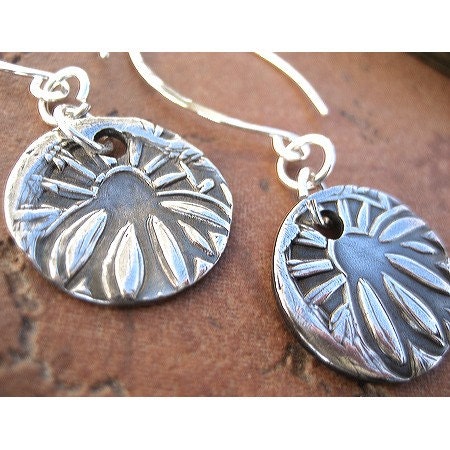 CLEARANCE silver flower earrings, coneflowers dangle, Magnum - LonesomeRoadStudio
