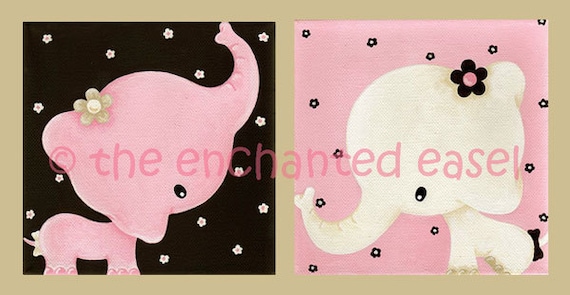 Bella and Ella Elephants Nursery Art Set ORIGINAL PAINTINGS