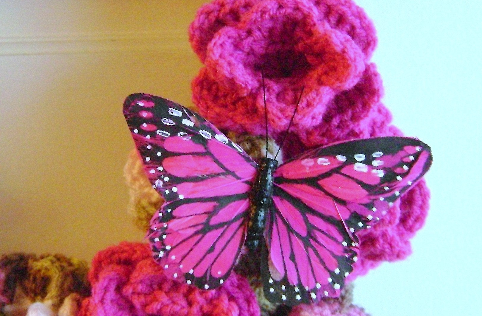 Handmade Crochet 14 Inch Rose Wreath with Butterfly