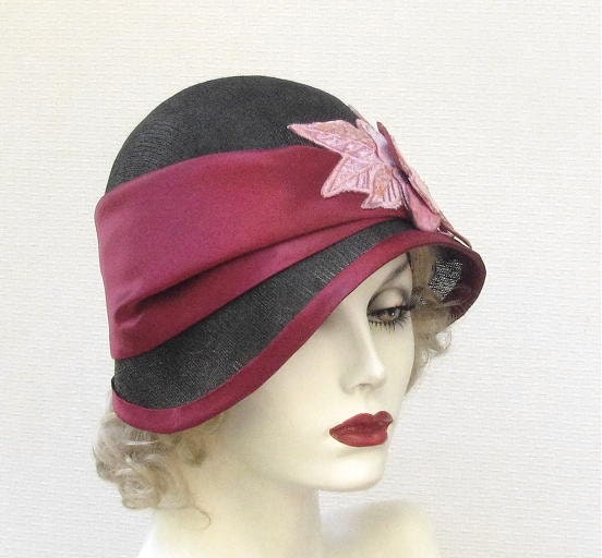 Womens Hat 1920's Flapper Hats Cloche Millinery Straw Hat for Summer in Black and Wine Red
