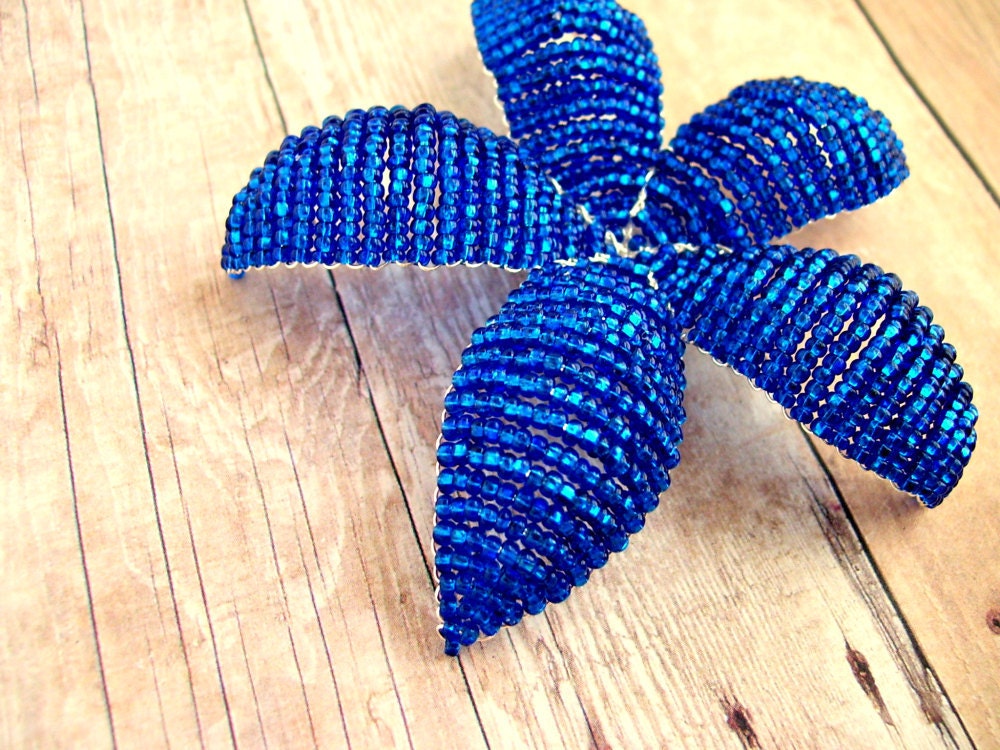 Hair Clip or Brooch Beaded Flower - Sparkling Sapphire Blue - Ododo Originals