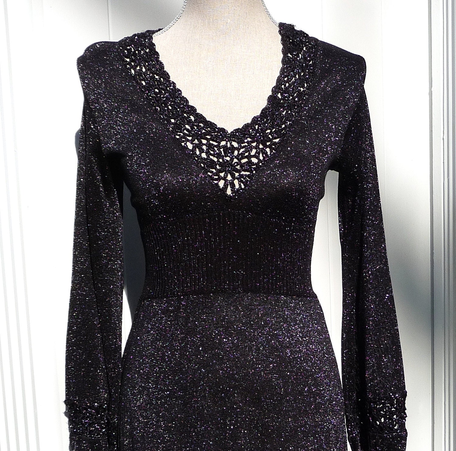 SeXy Black METALLIC KNIT Maxi Dress LUREX Silver Gown Sparkly Formal Evening Floor Length Vintage 1970s 8 10 Wenjilli 70s
