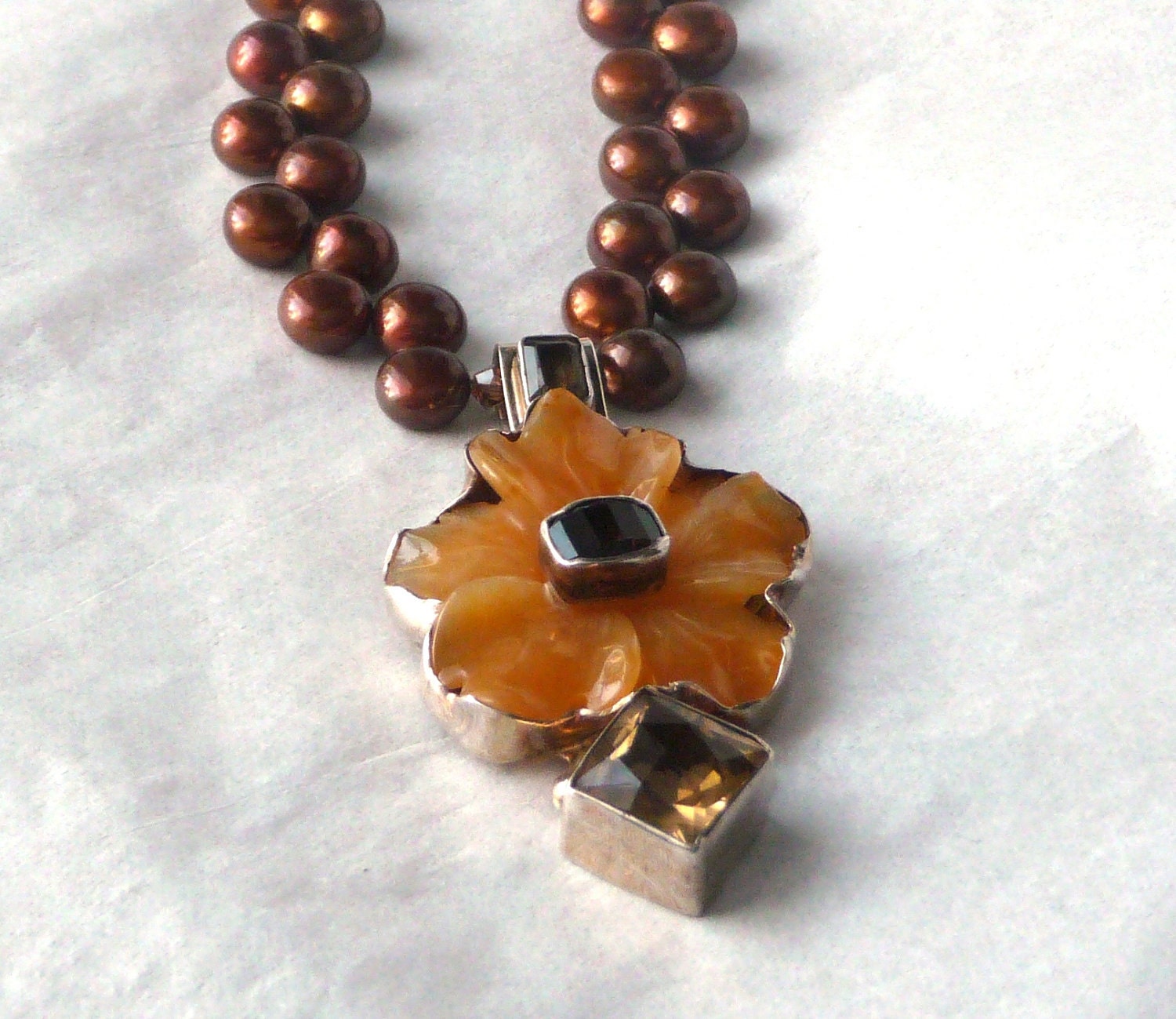 reserved FOR mELANIE FLOWER PENDANT Amy Kahn Russell Gemstone Tropical Sterling Brown Amber Yellow Orange Chalcedony Topaz