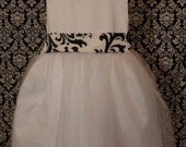 WHITE or IVORY DRESS Flower girl Dress satin and tulle with Traditions damask obi sash belt black white or any print custom sizes Nb-8