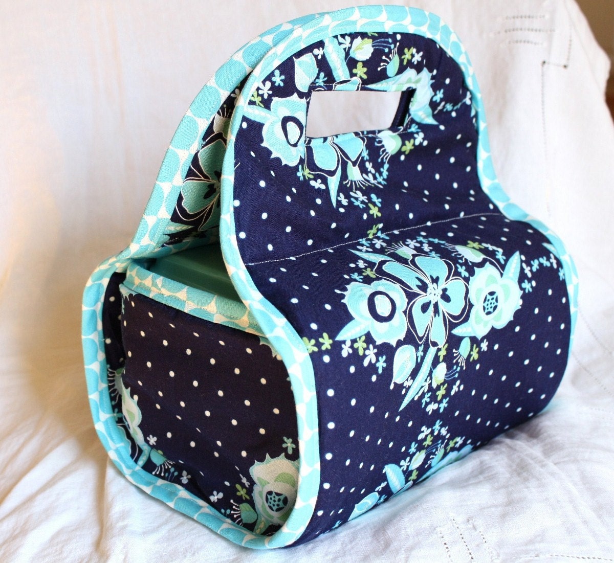 Insulated Bento Box Carrier - Navy and Teal Floral and Dots - Ready to Ship