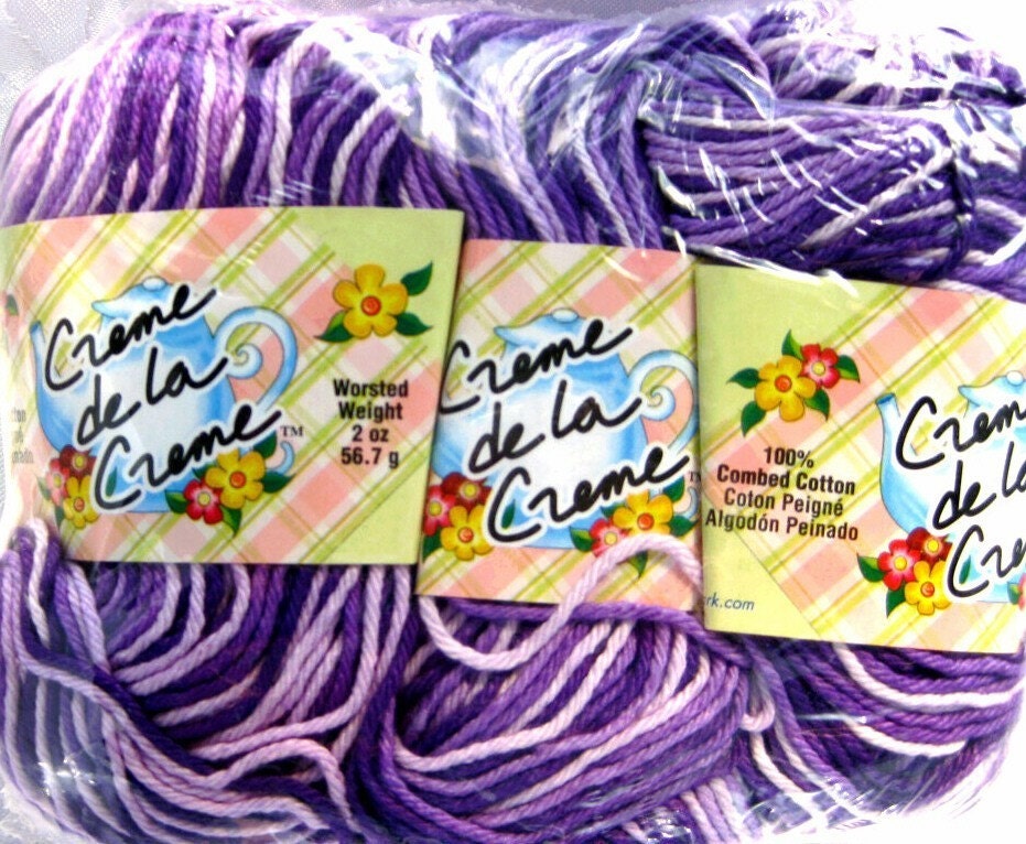 Creme de la Creme Cotton Yarn, Purple Tones, purple cotton yarn, 3 balls, purple white,  worsted weight
