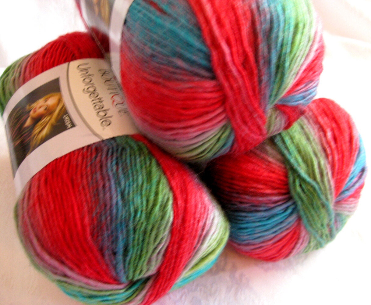 Boutique Unforgettable yarn in Parrot, bright shades of red, green, blue worsted weight, Red Heart Boutique