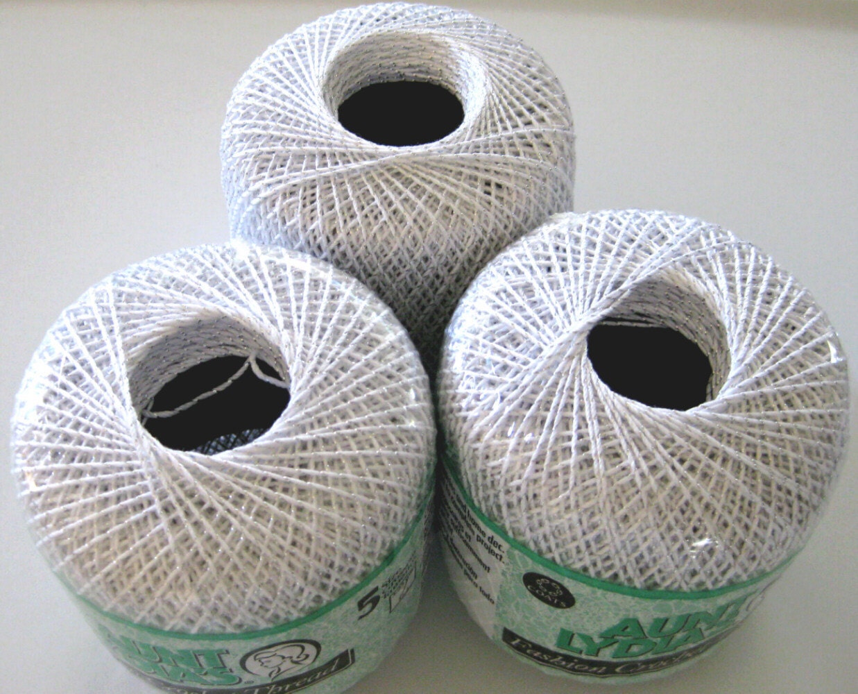 Aunt Lydias Fashion 5 thread, white with silver metallic thread, size 5 crochet cotton, 201S