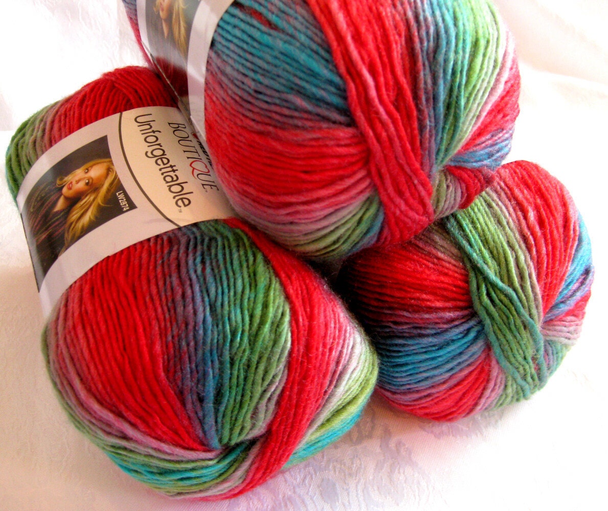 Boutique Unforgettable yarn in Parrot, bright shades of red, green, blue worsted weight, Red Heart Boutique