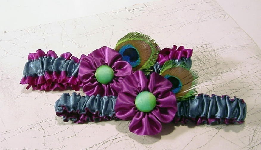 wedding garters PURPLE PEACOCK set