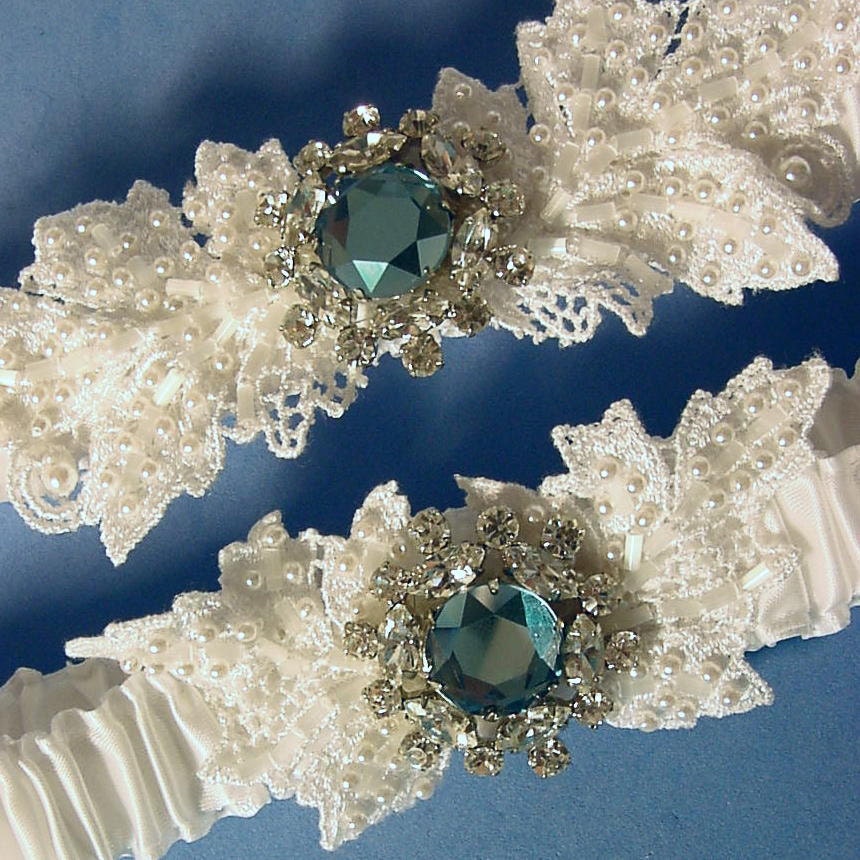 wedding garter set Anastasia Blue Crystal and Pearl White wedding garter Swarovski a Peterene Original