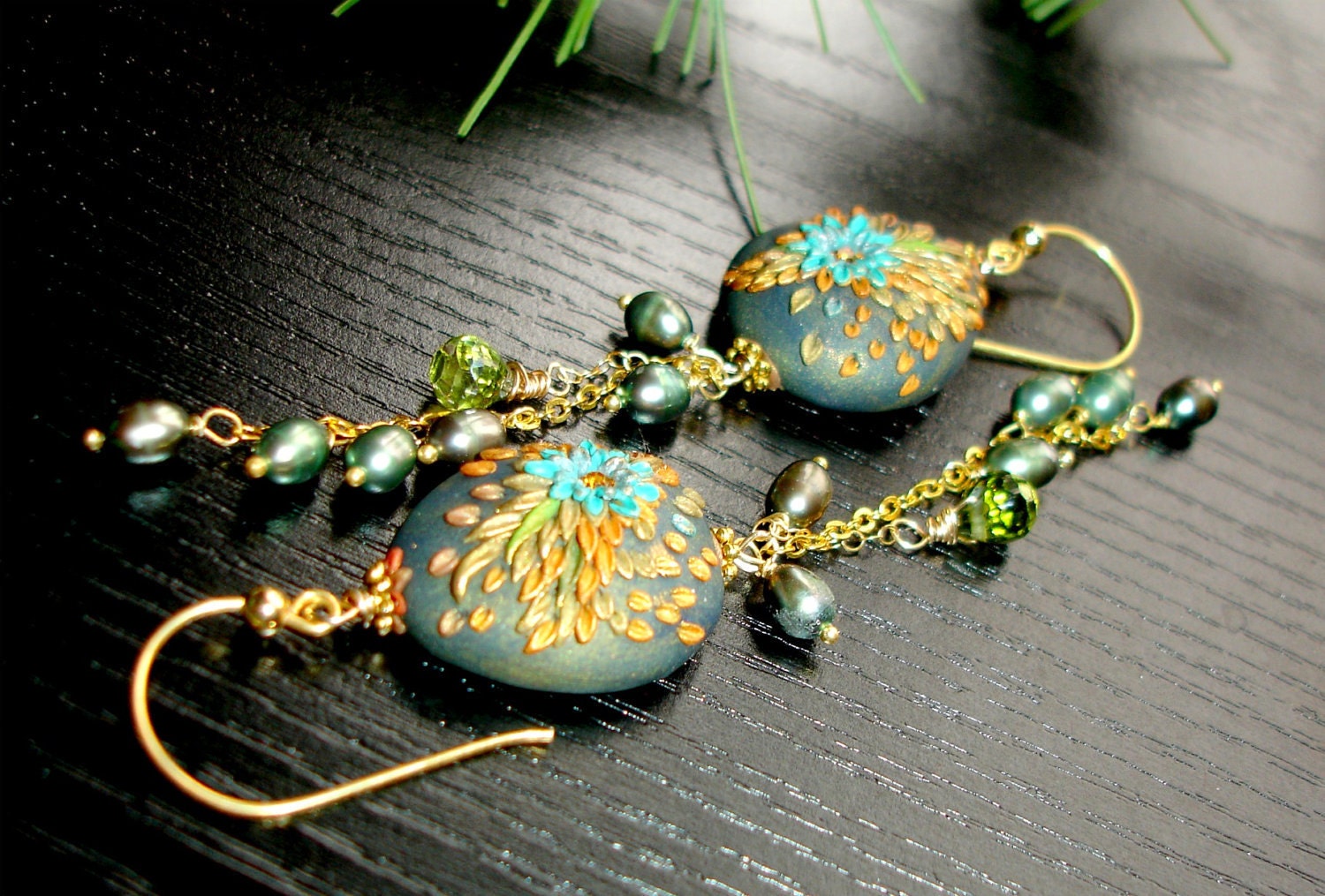 Peridot CZ earrings with Olive green Freswater pearl and bali gold findings - Under the Evergreens