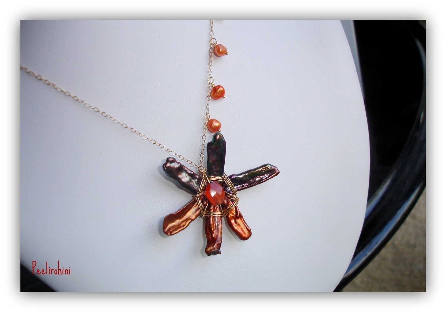 Chocolate Peacock and Copper Freshwater Pearls in goldfill Necklace - Bronzed Orchid