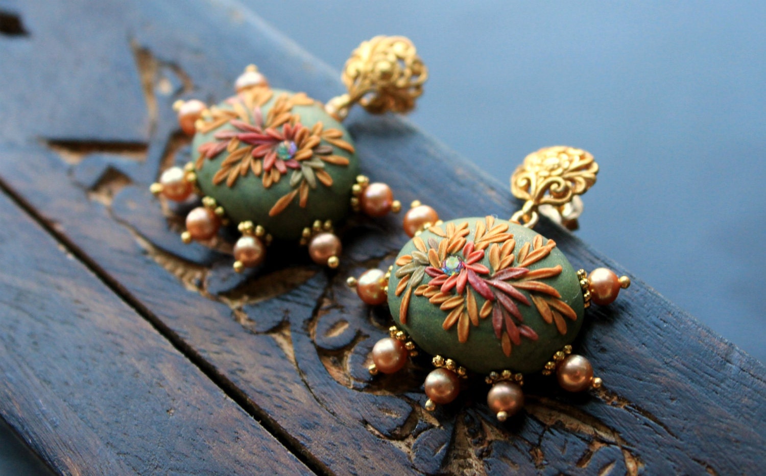 Golden Fresh Water pearl with swarowski crystal and clay details on ornate bali vermeil filigree posts  - Spring Showers