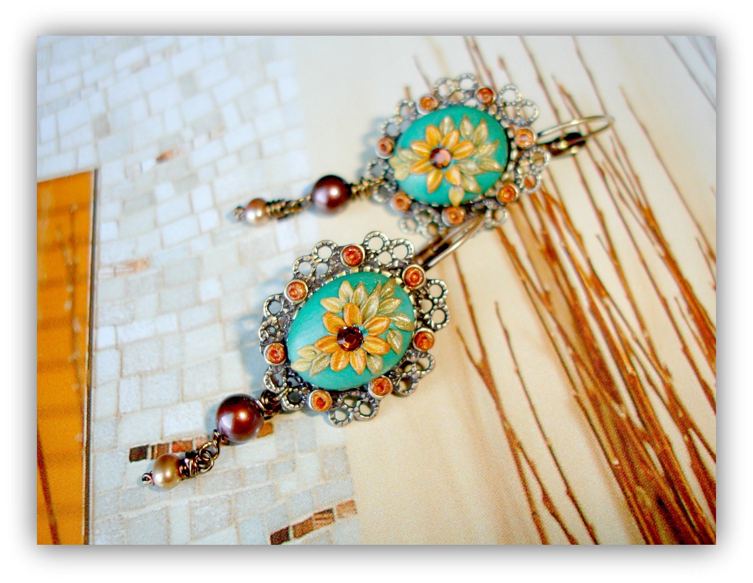 Vintage Brass earrings with Freshwater pearls , Polymerclay and Swarowski rhinestones - The Good Old Days