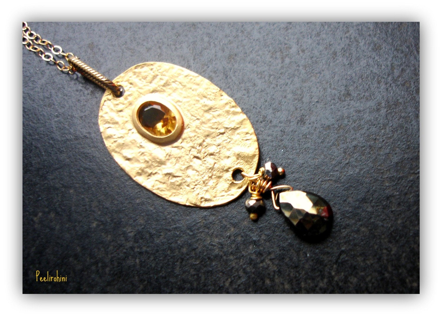 citrine necklace - Matte Gold Oval finding with Citrine Quartz and Mystic Black Sapphire in 14k Goldfill necklace - Serenity