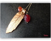 Copper Dipped Leaf  necklace with Sunstone and Chalcedony in 14k goldfill necklace - A Sunny Day in Autumn