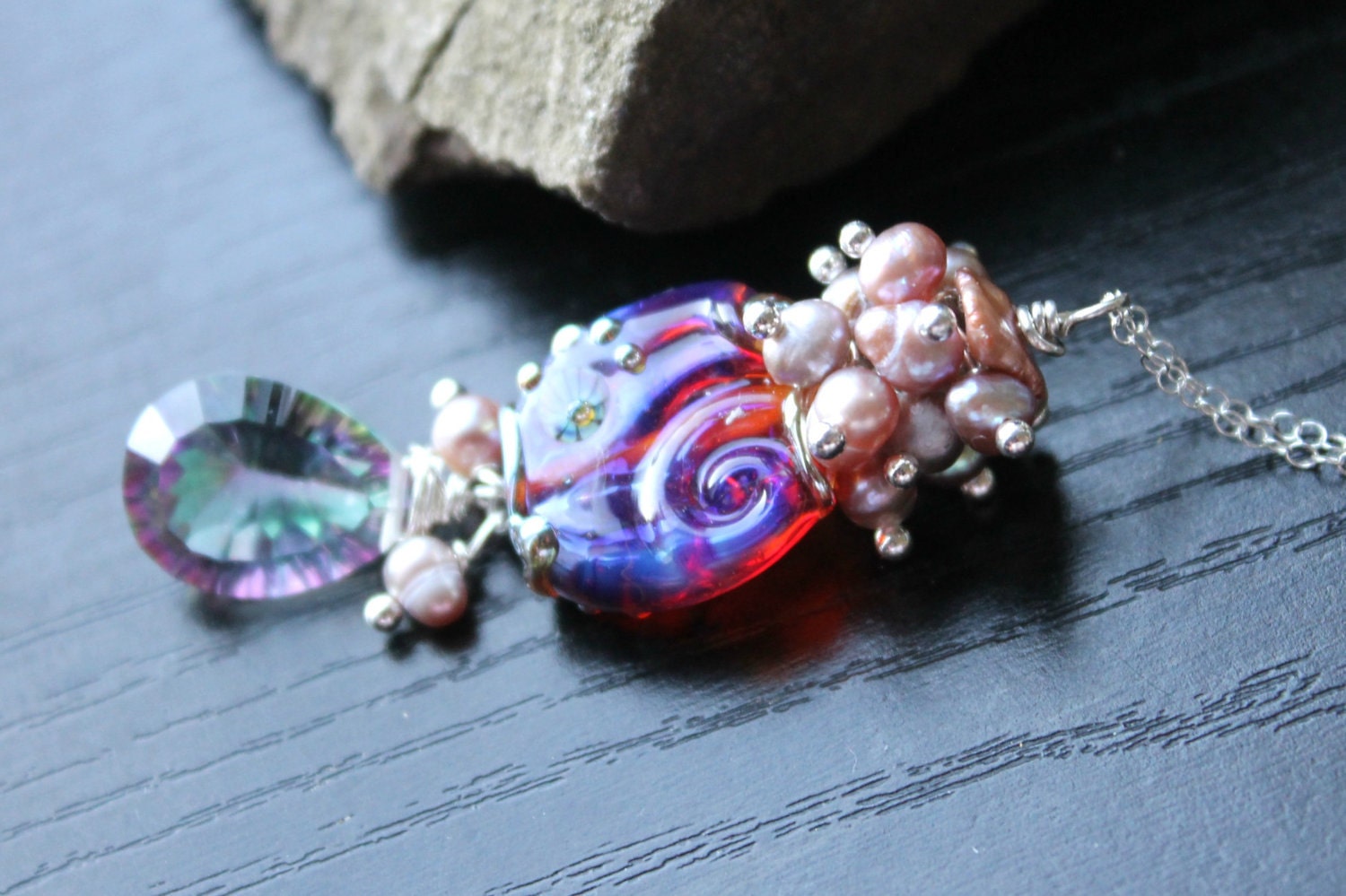 Mystic Topaz, Mauve freshwater pearls,Iridiscent Lampwork bead in sterling silver necklace - Purple Opal
