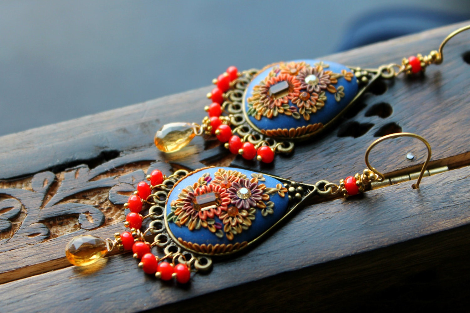 Citrine and Vintage red coral glass beads with brass filigree frame and clay floral 24k gold Statement earrings - Splashes of Sunset