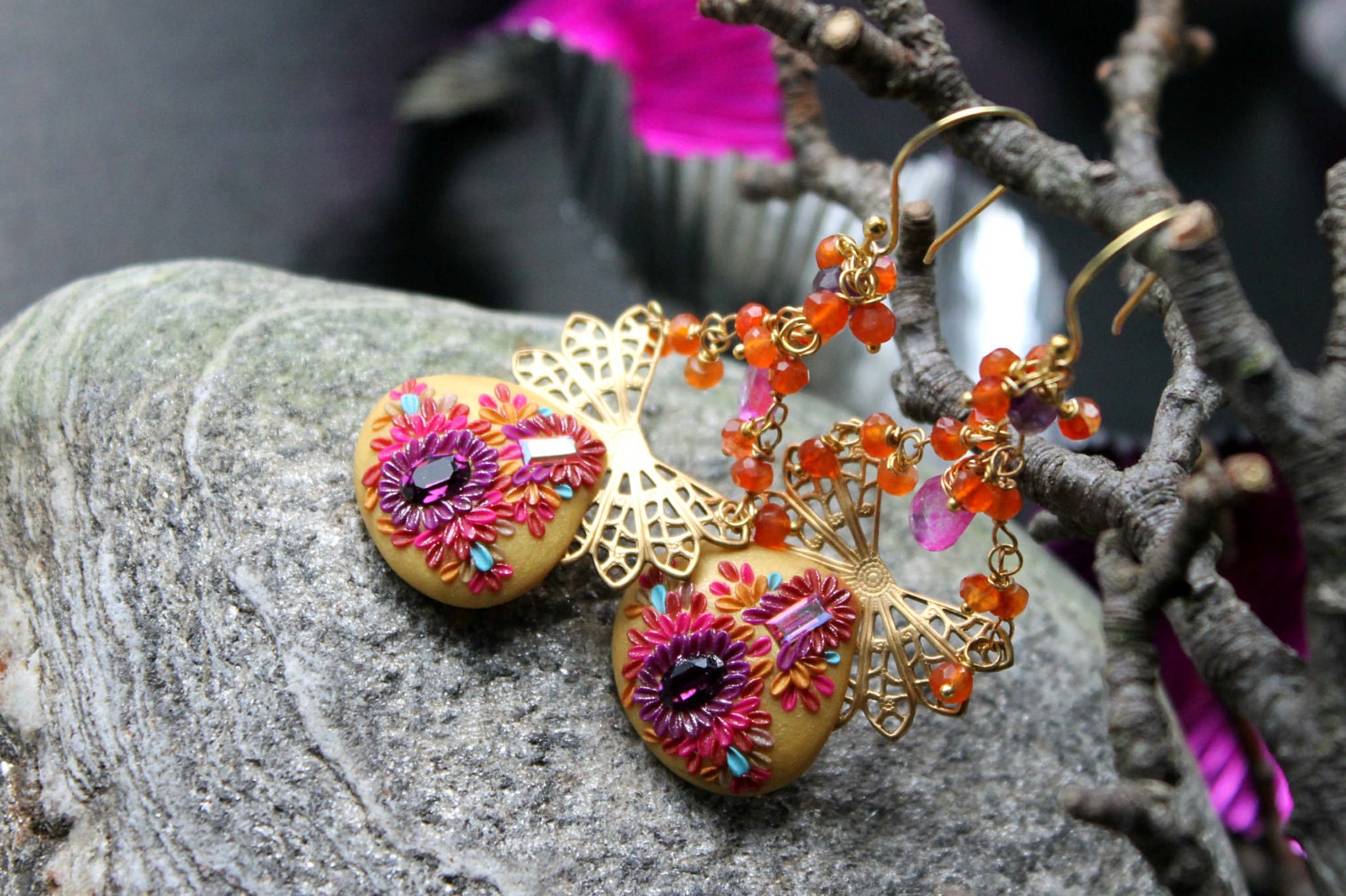 Carnelian,mystic hot pink quartz and amethyst earrings - clay floral and crystal - Bali 24k butterfly earrings - Spring Serenades