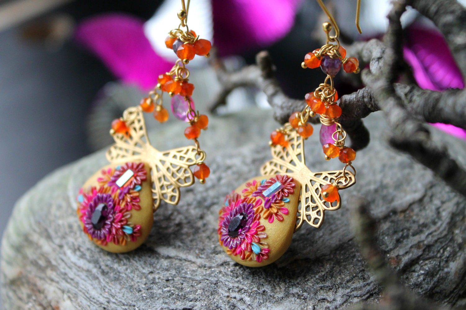 Carnelian,mystic hot pink quartz and amethyst earrings - clay floral and crystal - Bali 24k butterfly earrings - Spring Serenades