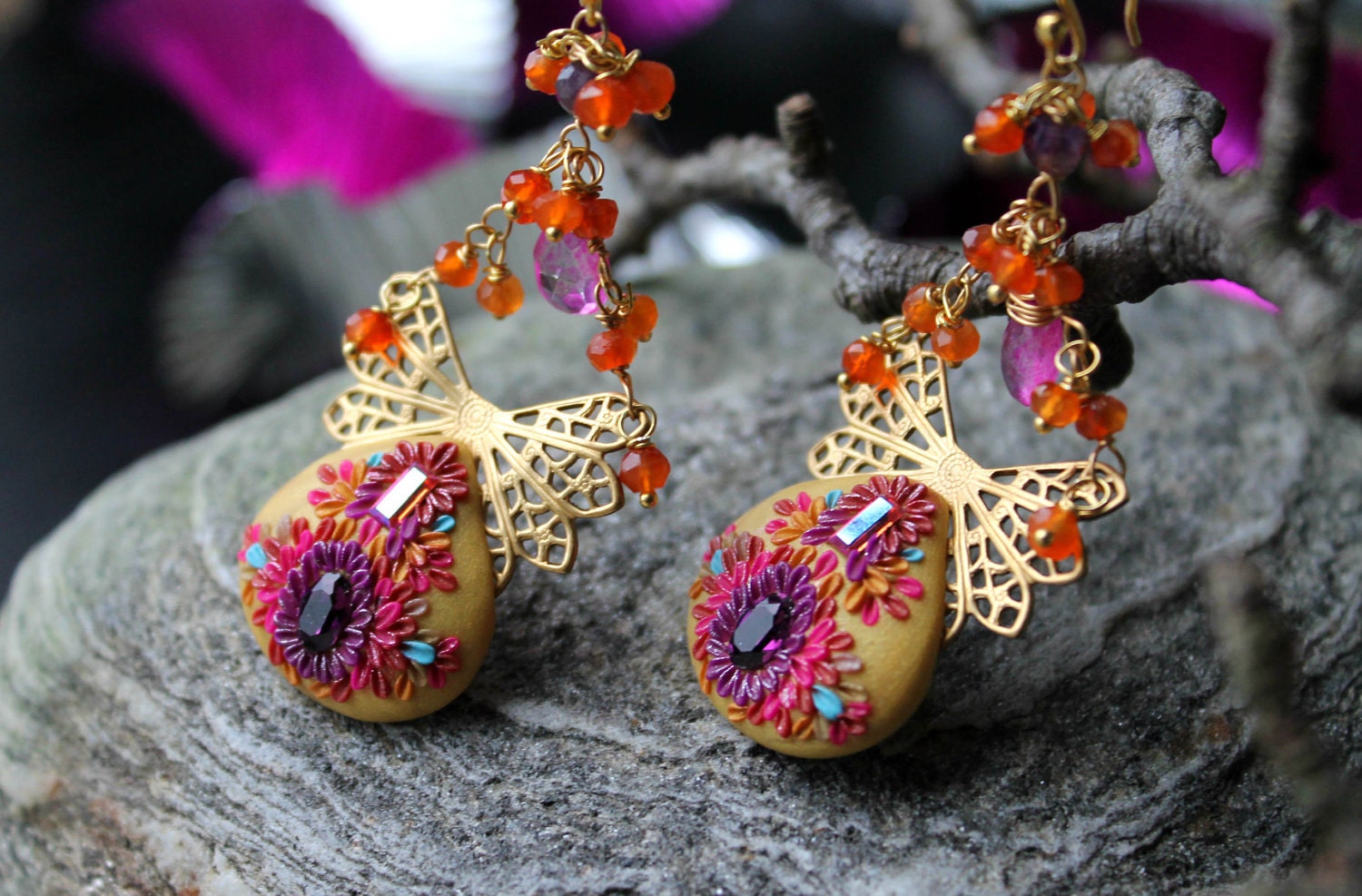 Carnelian,mystic hot pink quartz and amethyst earrings - clay floral and crystal - Bali 24k butterfly earrings - Spring Serenades