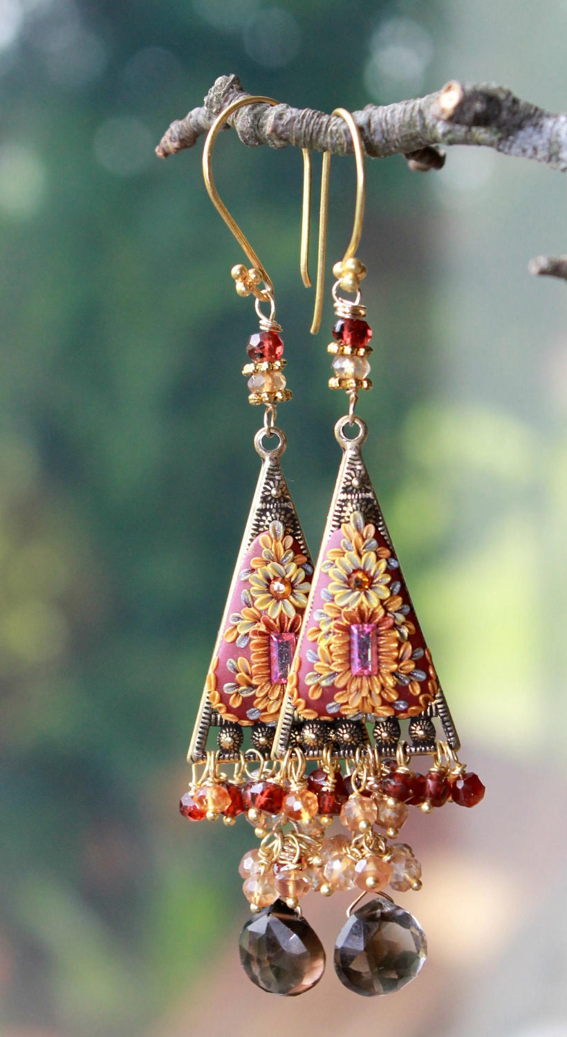 Smokey Quartz, garnet, champagne quartz, andalusite and clay floral gold earrings - The Sun Setting Golden
