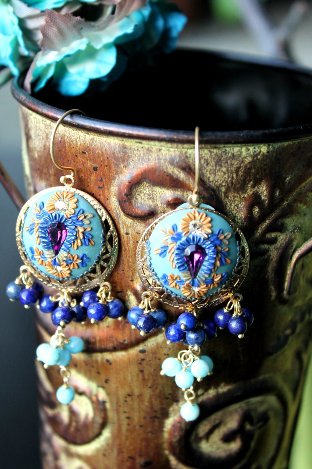 Amazonite, Lapiz ,clay floral details on Bright Blue, Aqua Gold earrings - SeaNymph